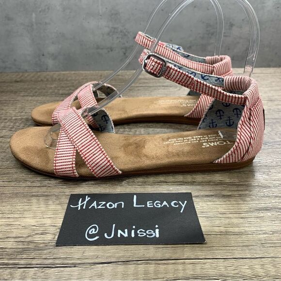 TOMS~Girls~”Correa”~ Red/White PinStripe Flat Open Toe Sandals~Size 4 - Picture 1 of 9